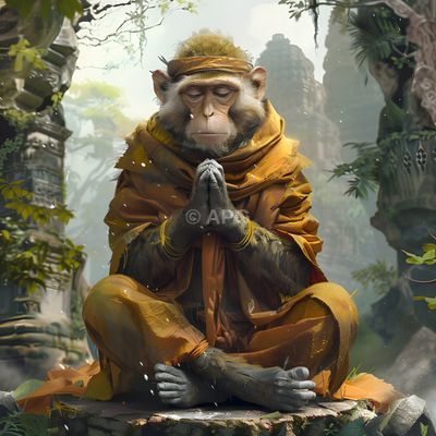 Meditierender Affenmönch in Ruinenlandschaft (KI-generiert)